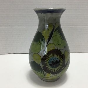 Vintage Tonala Grey Green Yellow Floral Pottery Vase